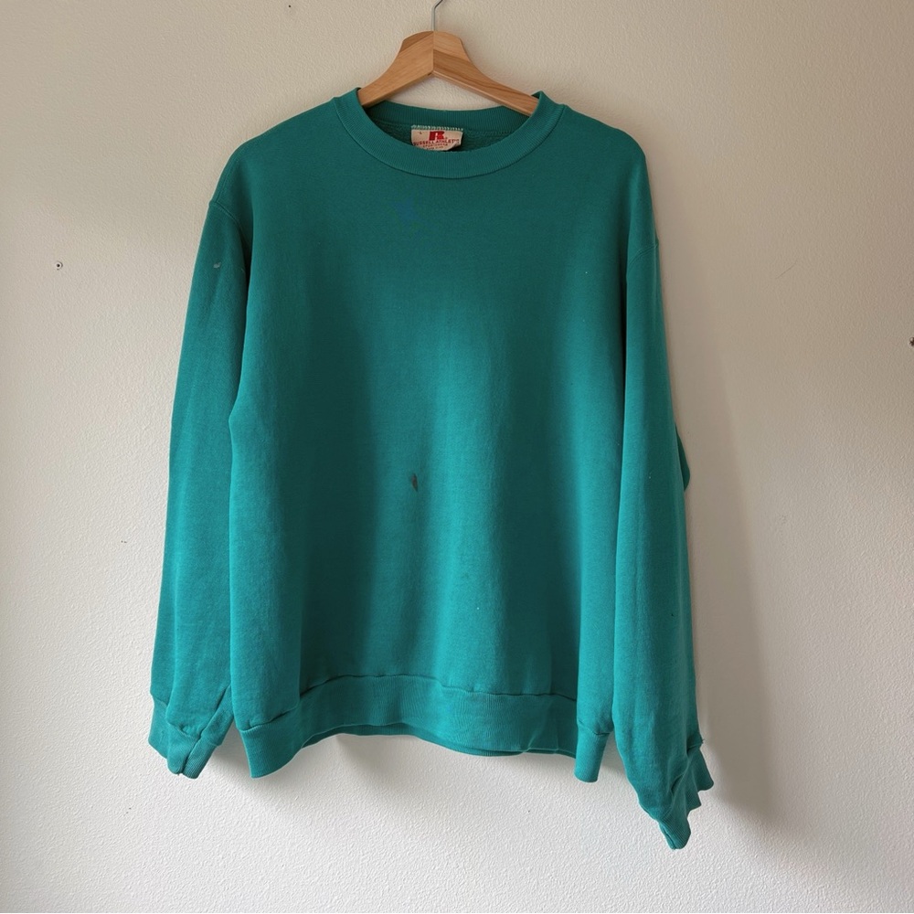 Vintage 70s distressed Russell‎ blank teal sweatshirt size L